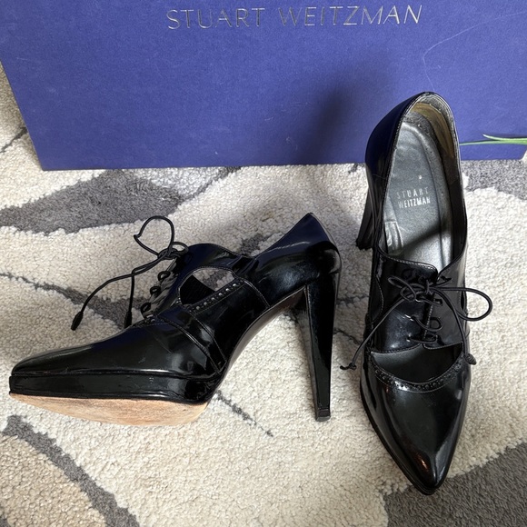Stuart Weitzman Glossy Black Lace-Up Heels